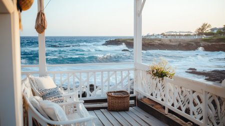 Enjoy the serene atmosphere of a cozy coastal retreat featuring a stunning ocean view, inviting wicker chairs, and a tranquil outdoor space perfect for relaxation.の素材