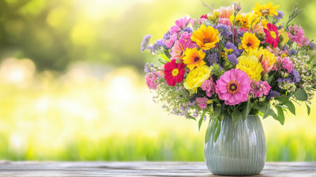 A vibrant flower bouquet in a green vase adorned with colorful blossoms captures the essence of spring, bringing joy and beauty to any setting.の素材