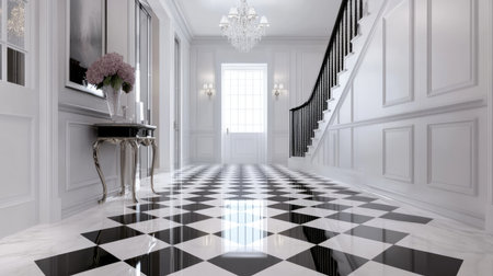 This stunning interior showcases a luxurious hallway featuring a black and white checkerboard floor, elegant chandelier, and classic staircase, lending a timeless beauty to any home.の素材
