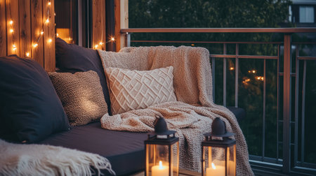 Experience the charm of a cozy balcony adorned with soft textiles, warm lanterns, and inviting decor, creating a perfect retreat for relaxation and tranquility.の素材