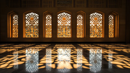 Stunning interior scene showcasing intricate windows that create beautiful light patterns on the polished floor, highlighting the interplay of shadow and sunlight.の素材
