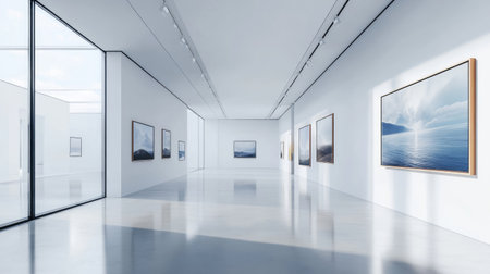 A spacious modern art gallery interior featuring scenic landscape paintings on white walls, illuminated by natural light. The minimalist design creates a tranquil atmosphere ideal for art lovers.の素材