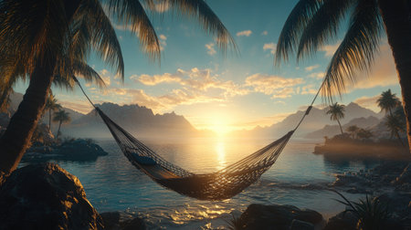 Experience a serene sunset over tranquil water with a hammock nestled among palm trees, creating a perfect paradise for relaxation and escape.の素材