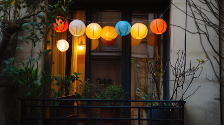 A charming urban balcony decorated with colorful lanterns hanging above green plants, creating a warm and inviting nighttime atmosphere in the city.の素材