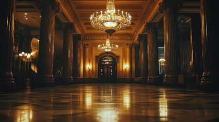 A stunning view of a luxurious interior space featuring elegant chandeliers and ornate details. The rich architectural elements create a timeless ambiance perfect for special occasions.の素材