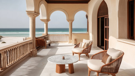 Discover a tranquil beachfront balcony featuring elegant furniture and breathtaking ocean views. This inviting space epitomizes relaxation and luxury.の素材