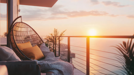 A cozy balcony scene featuring a stylish hanging chair, soft cushions, and a breathtaking sunset over the ocean. Perfect for relaxation and tranquility.の素材