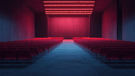A visually striking modern theater interior featuring empty red seats illuminated by soft red lighting, creating a dramatic and inviting atmosphere for performances.の素材