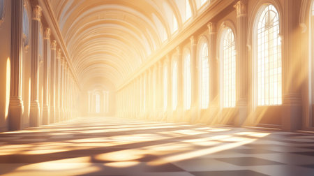A serene and elegant hallway bathed in warm sunlight, showcasing classical architecture with majestic columns and grand arched windows. The interplay of light and shadow creates a captivating ambiance.の素材
