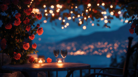 A beautifully arranged romantic evening setup featuring roses and candles by the water. Soft lights create a serene and intimate atmosphere, perfect for couples.の素材