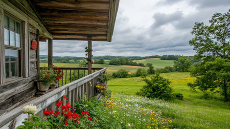 A charming wooden porch adorned with colorful flowers provides a stunning view of lush green fields and rolling hills under a cloudy sky. Perfect for relaxation.の素材