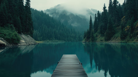 A tranquil mountain lake scene with a wooden dock extending into calm waters. Surrounded by lush pine forests and misty mountains, this location offers a peaceful escape into nature.の素材