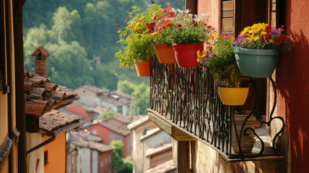 A charming balcony adorned with vibrant flower pots overlooks a quaint village, showcasing the beauty of nature and inviting outdoor decor.の素材