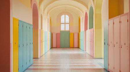 Bright and colorful hallway featuring pastel lockers, creating an inviting atmosphere in a modern school interior. The design highlights symmetry and light.の素材