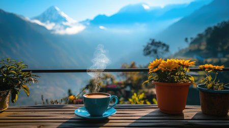 Delight in a morning coffee amidst breathtaking mountain scenery, featuring a steaming cup and vibrant flowers. Perfect for capturing peace and tranquility.の素材