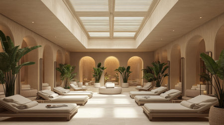 Experience a tranquil spa interior featuring luxurious lounge chairs, vibrant tropical plants, and natural light flooding the serene space, ideal for relaxation.の素材