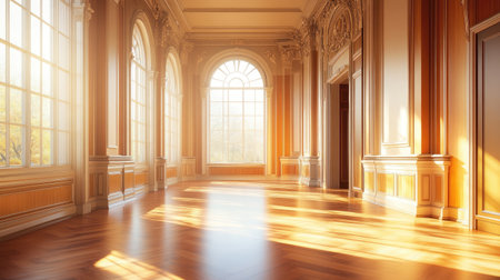 A beautifully designed interior space featuring large windows that allow golden sunlight to pour in, creating a warm and inviting atmosphere.の素材