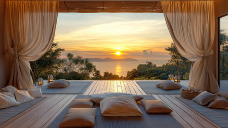 A tranquil coastal retreat showcases a stunning sunset view with cozy cushions and soft lighting. Ideal for relaxation and meditation, this serene setting invites calm and harmony.の素材