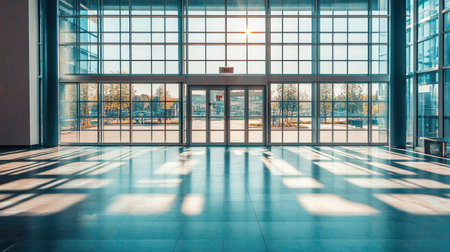 A spacious modern interior with large glass windows flooding the area with natural light, creating a serene and inviting atmosphere, highlighting contemporary design.の素材