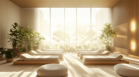 Discover a serene wellness space filled with natural light and greenery. Relax on comfortable lounges surrounded by calming decor, creating a tranquil atmosphere.の素材