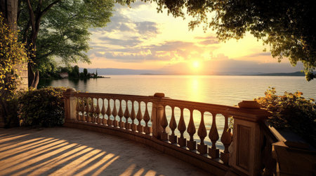 Enjoy the tranquil beauty of a sunset over a calm lake, framed by lush greenery. This peaceful outdoor scene captures the essence of nature's serenity.の素材