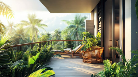 Experience a peaceful retreat on this serene balcony adorned with lush palm trees and a cozy lounge chair, perfect for relaxation in warm sunlight.の素材