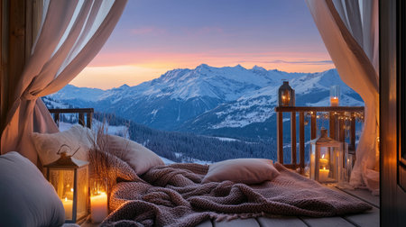 A cozy balcony scene featuring a stunning winter mountain view at sunset. Soft blankets and glowing candles create a warm and inviting atmosphere.の素材