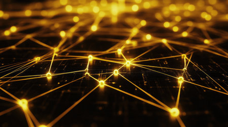 Explore a captivating visual of golden network connections in a digital space, showcasing abstract lines and nodes that represent advanced technology and communication.の素材