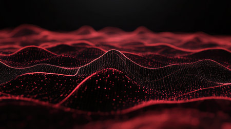 Explore a stunning abstract digital waveform visualization featuring vibrant red lines and patterns. This eye-catching design conveys a sense of dynamic technology and modern aesthetics.の素材