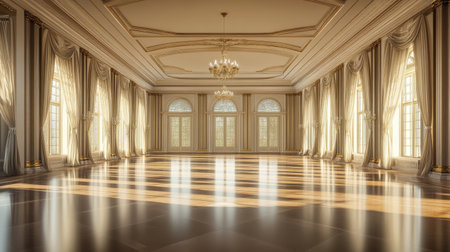 This image showcases a stunning ballroom with luxurious decor, bathed in warm sunlight. Elegant curtains frame large windows, creating a serene atmosphere perfect for events.の素材