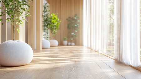 Bright and airy interior space featuring natural plants, wooden flooring, and sunlit windows. Ideal for promoting calmness and modern design aesthetics.の素材
