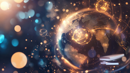 A mesmerizing depiction of the globe surrounded by glowing digital connections, set against a cosmic background filled with vibrant light effects and energy.の素材