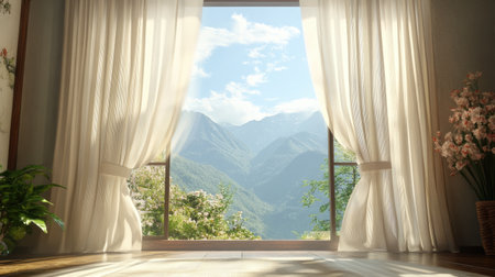A bright room featuring an open window with soft curtains, revealing a stunning mountain landscape. Ideal for illustrating tranquility and nature.の素材