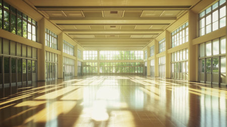 A bright and spacious indoor hall featuring large windows that invite natural light. The reflective flooring and tranquil ambiance create an inviting space for events.の素材