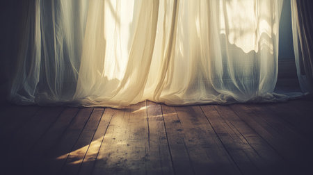 A beautifully draped sheer curtain gently falls over a wooden floor, softly illuminated by natural sunlight. The scene evokes warmth and tranquility, perfect for a cozy space.の素材