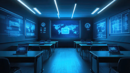 A modern classroom featuring high-tech digital displays, laptops, and vibrant blue lighting. The space emphasizes innovation and connectivity for educational purposes.の素材
