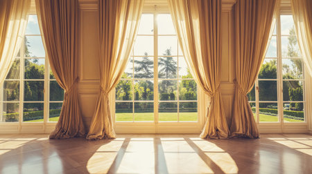 A charming and elegant room featuring large windows with soft drapes, illuminating a serene garden view. The light creates peaceful shadows on the floor, enhancing the tranquil ambiance.の素材