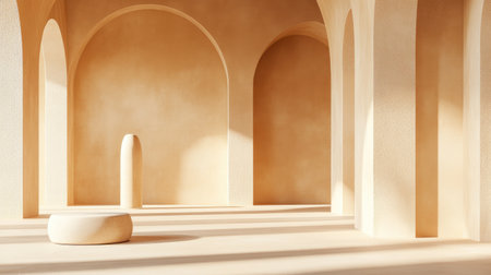 Explore a serene minimalist interior featuring soft shadows and warm tones. The elegant design creates a tranquil atmosphere, perfect for modern aesthetics.の素材