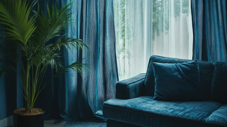 A serene living room featuring a comfortable blue sofa, elegant curtains, and a lush green indoor plant, all bathed in soft natural light.の素材
