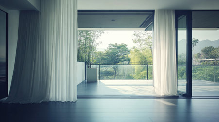 A serene modern interior featuring an open balcony, allowing natural light to flood the space. Soft curtains sway gently, embracing the view of lush greenery outside.の素材