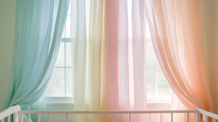 A serene nursery scene featuring soft pastel drapes in gentle hues of blue, pink, and yellow, creating a calming atmosphere for a baby's room.の素材