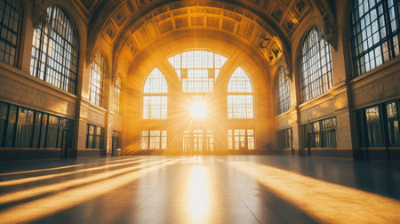 A stunning spacious hall illuminated by morning sunlight streaming through large windows, creating an ambiance of warmth and tranquility perfect for travelers and photographers.の素材