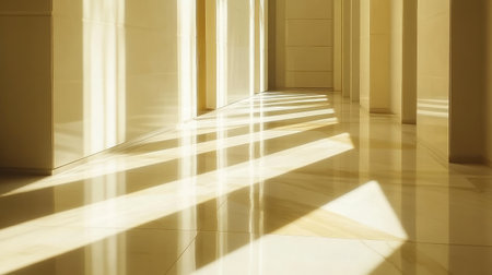Soft light filters through a hallway, casting gentle shadows on a polished floor, creating a serene and elegant atmosphere perfect for interior design.の素材