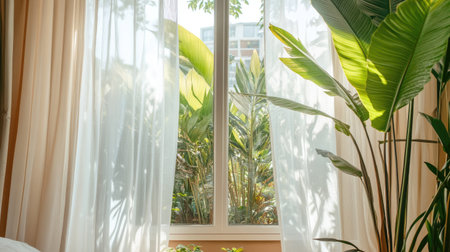 A serene indoor scene showing sheer curtains gently framing a bright window, revealing lush greenery outside, perfect for creating a peaceful atmosphere.の素材