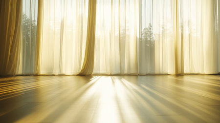 Soft golden light pours through sheer curtains, creating a tranquil atmosphere in a cozy room. The gentle shadows enhance the serene beauty of morning.の素材