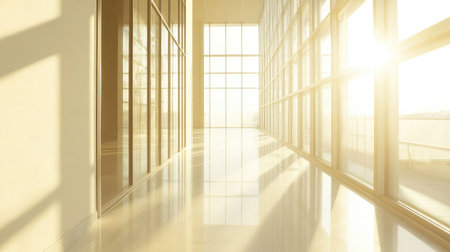 A bright and airy interior space features large glass windows that allow sunlight to fill the room. The clean surfaces and minimal design create a peaceful atmosphere.の素材