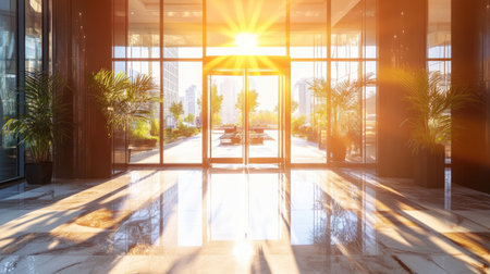 A stunning view of a modern lobby with large glass doors illuminating the space with warm sunlight. The elegant design showcases marble floors and vibrant plants, creating a peaceful atmosphere.の素材