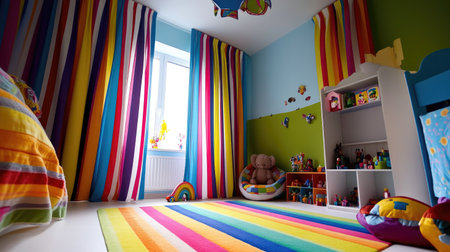 Bright and vibrant children's bedroom featuring colorful striped curtains, bedding, and a cheerful play area. A perfect space for creativity and imagination.の素材