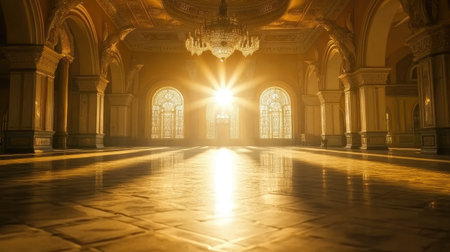 A stunning interior scene showcasing golden sunlight pouring through elegant windows, creating mesmerizing shadows on a vintage floor with rich details.の素材