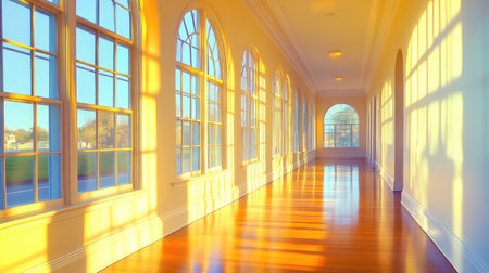 Experience a bright and inviting hallway illuminated by sunlight through large windows, showcasing a stunning wooden floor and tranquil ambiance.の素材